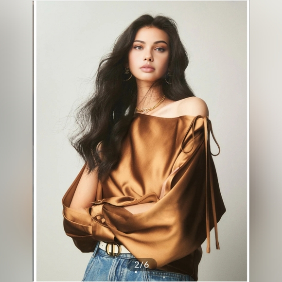 Satin Asymmetrical Cold Shoulder Tie Blouse - Picture 8 of 12